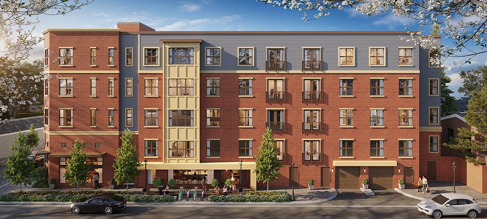 Artist's rendering of a proposed apartment building on the corner of a street, with windows, trees, plants, light poles