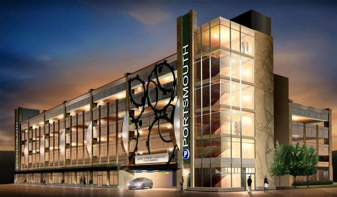 Artist's rendering of the proposed sportsmouth casino, with a car parked in front of it, surrounded by trees